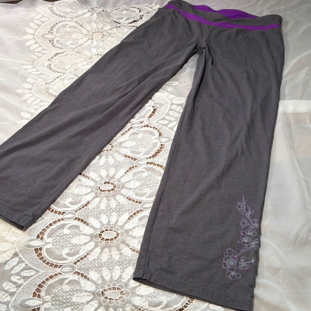Y2K Workout XL Gray Purple Fold Over Waist Floral Wide Leg Yoga Pants Lounge